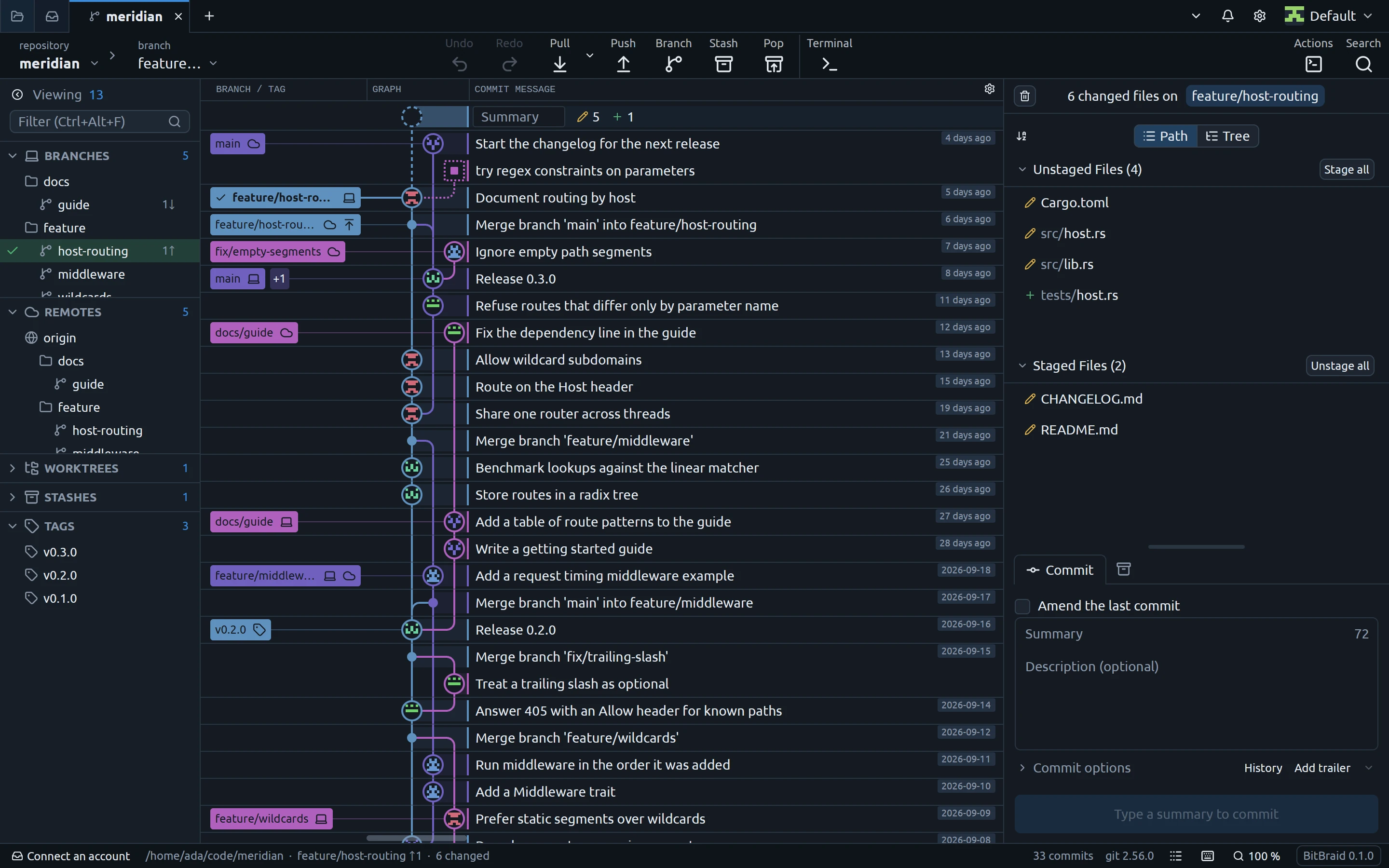 BitBraid with a small project open: the commit graph in the middle with branches, tags and a stash on coloured lanes, the branch list on the left, and uncommitted changes waiting to be staged on the right.